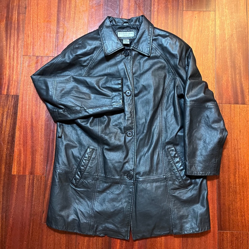 Preston & York Leather Coat Womens PM Button Front Black Genuine Leather